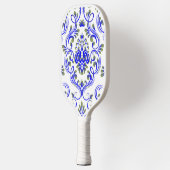 Blauwe Sage Groen en Wit Damask Bloemen Pickleball Paddle (Links)