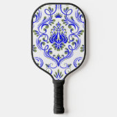 Blauwe Sage Groen en Wit Damask Bloemen Pickleball Paddle (Voorkant)