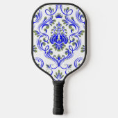 Blauwe Sage Groen en Wit Damask Bloemen Pickleball Paddle (Achterkant)