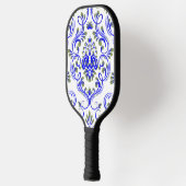Blauwe Sage Groen en Wit Damask Bloemen Pickleball Paddle (Links)