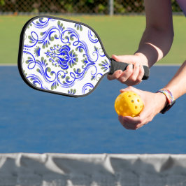 Blauwe Sage Groen en Wit Damask Bloemen Pickleball Paddle