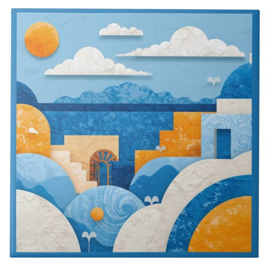 Blauwe Santorini Mediterrane Azulejo Tegeltje (Voorkant)