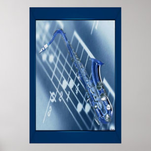 Blauwe saxofone afdrukken poster