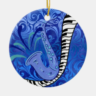 Blauwe Saxofoon en Piano Keramisch Ornament