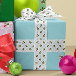 Blauwe Scallop Holly Branch en bessen Kerstmis Satijnen Lint