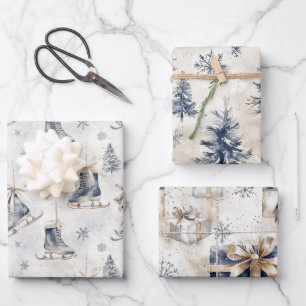 Blauwe Schaatsen Sneeuwvlokken Kerstbomen Cadeaus Inpakpapier Vel
