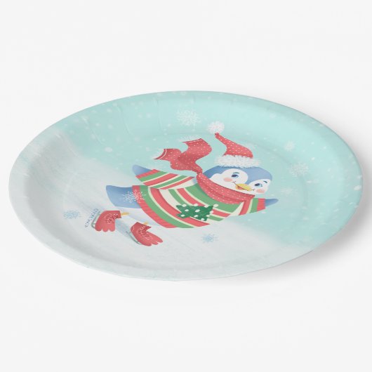 Blauwe schaatspinguïn papieren bordje (Gekanteld)