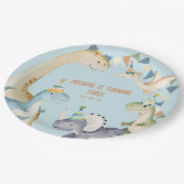 Blauwe schattige dinosaurus dinomiet verjaardagsfe papieren bordje (Gekanteld)