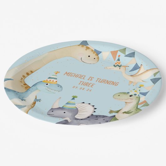 Blauwe schattige dinosaurus dinomiet verjaardagsfe papieren bordje (Gekanteld)