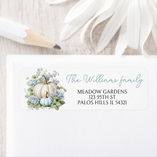 Blauwe schattige pompoen baby jongen douche retour etiket (Insitu)