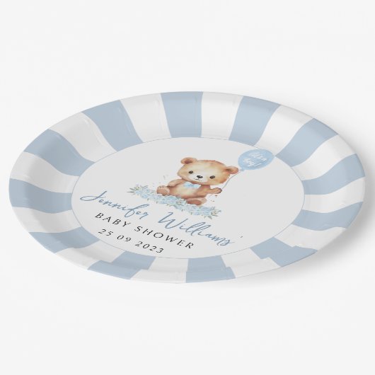 Blauwe schattige teddybeer ballon baby boy douche papieren bordje (Gekanteld)