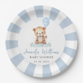 Blauwe schattige teddybeer ballon baby boy douche papieren bordje (Voorkant)