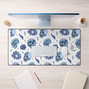 Blauwe Schedel & Bloemen Patroon Desk Mat