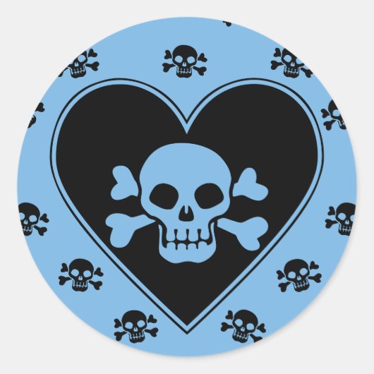 Blauwe schedel in hart ronde sticker (Voorkant)