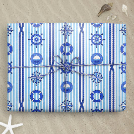 Blauwe scheepsstrepen met maritieme motieven cadeaupapier