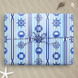 Blauwe scheepsstrepen met maritieme motieven cadeaupapier