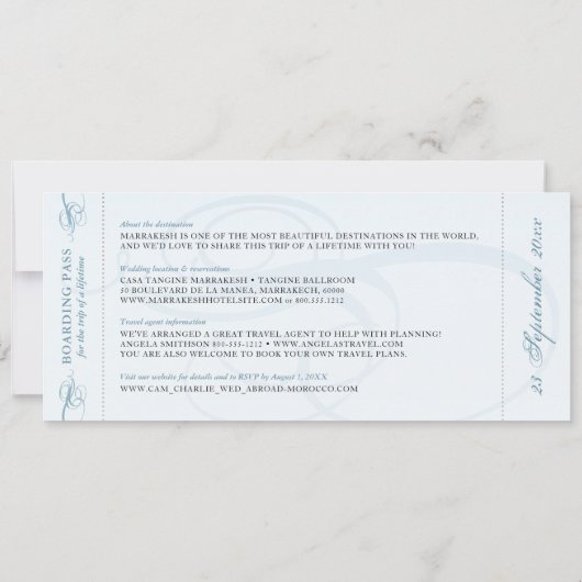  blauwe scheepvaartbestemming instapkaart in vita kaart (Achterkant)