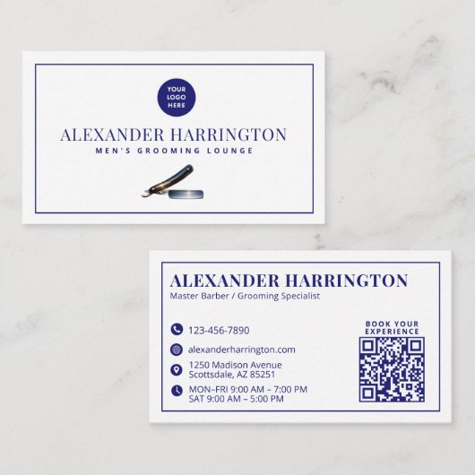 Blauwe Scheermes Kapsalon QR Code Visitekaartje (Voorkant / Achterkant)