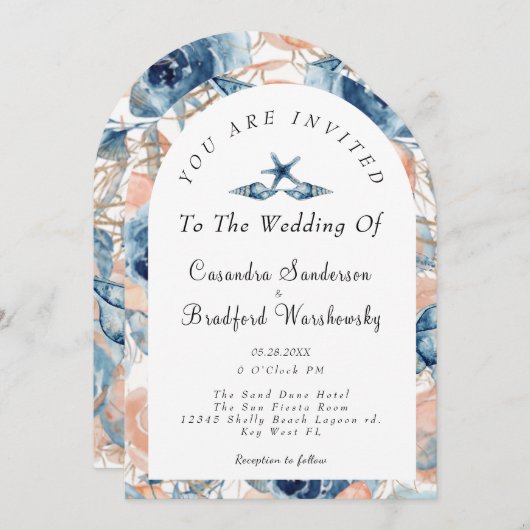 Blauwe Schelp Bloemen Aquarel Strand Bruiloft Kaart (Voorkant / Achterkant)