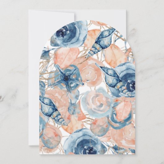 Blauwe Schelp Bloemen Aquarel Strand Bruiloft Kaart (Achterkant)