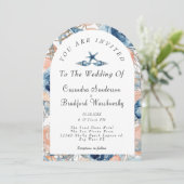 Blauwe Schelp Bloemen Aquarel Strand Bruiloft Kaart (Staand voorkant)