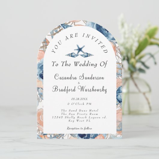 Blauwe Schelp Bloemen Aquarel Strand Bruiloft Kaart (Staand voorkant)