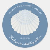 Blauwe schelp Doop dank je Ronde Sticker (Voorkant)