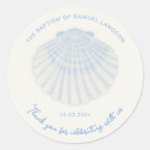 Blauwe schelp Doop dank je Ronde Sticker (Voorkant)