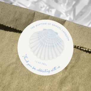 Blauwe schelp Doop dank je Ronde Sticker
