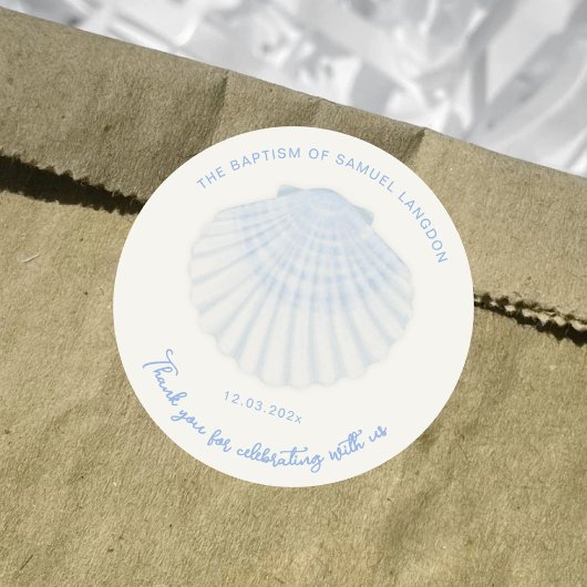 Blauwe schelp Doop dank je Ronde Sticker