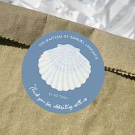 Blauwe schelp Doop dank je Ronde Sticker