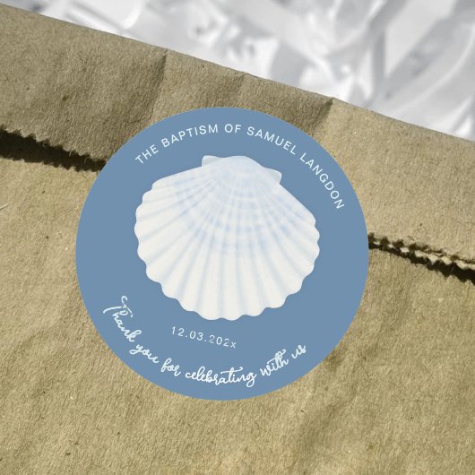 Blauwe schelp Doop dank je Ronde Sticker