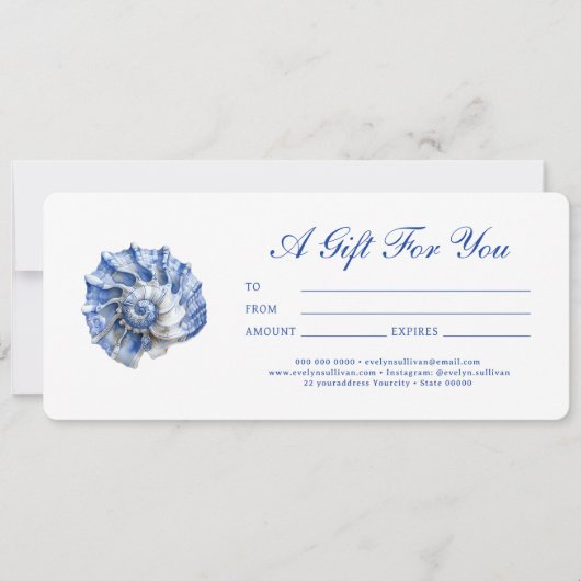 Blauwe schelp logo cadeaubon (Voorkant)
