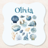 Blauwe Schelp Papier Onderzetter – Aangepaste Naam (Voorkant)