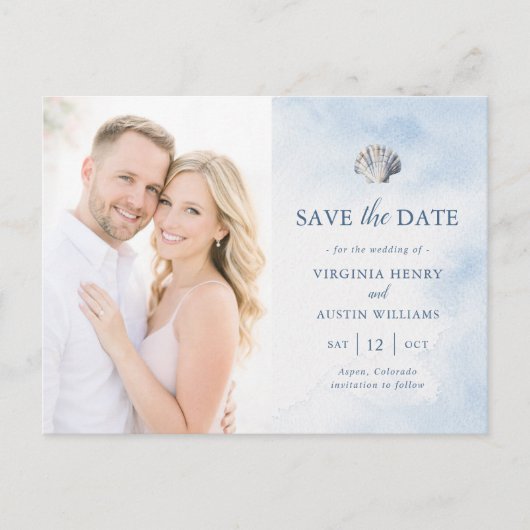 Blauwe Schelp Strand Save the Date Ansichtkaart Briefkaart (Voorkant)