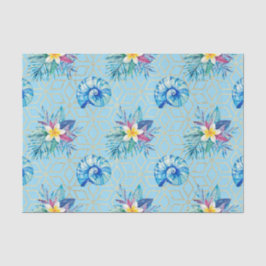 Blauwe schelpen en bloemen tissuepapier