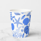 Blauwe schelpen en koraalpatroon aangepast strand papieren bekers (Achterkant)
