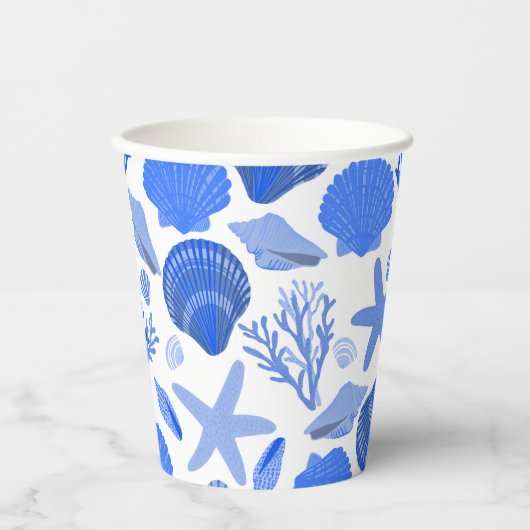 Blauwe schelpen en koraalpatroon aangepaste strand papieren bekers (Voorkant)