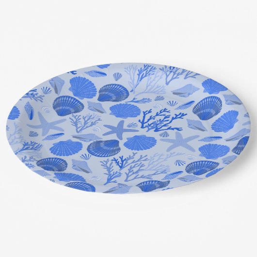 Blauwe schelpen en koraalpatroon strand papieren bordje (Gekanteld)