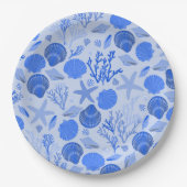 Blauwe schelpen en koraalpatroon strand papieren bordje (Voorkant)