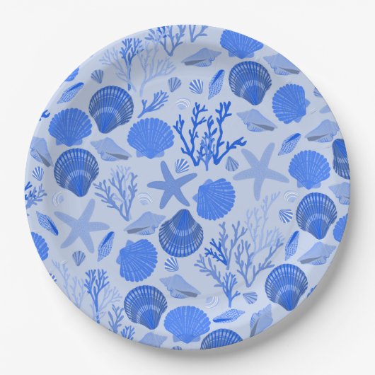 Blauwe schelpen en koraalpatroon strand papieren bordje (Voorkant)