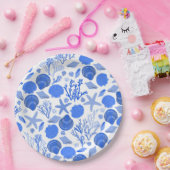 Blauwe schelpen en koraalpatroon strand papieren bordje (Feest)