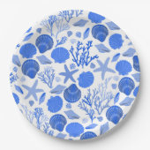 Blauwe schelpen en koraalpatroon strand papieren bordje (Voorkant)