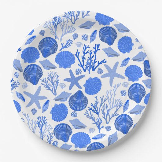 Blauwe schelpen en koraalpatroon strand papieren bordje (Voorkant)