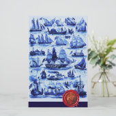 BLAUWE  SCHEPEN, ZUIVERENDE VAARTUIGEN Rood-Waszeg Briefpapier (Staand voorkant)