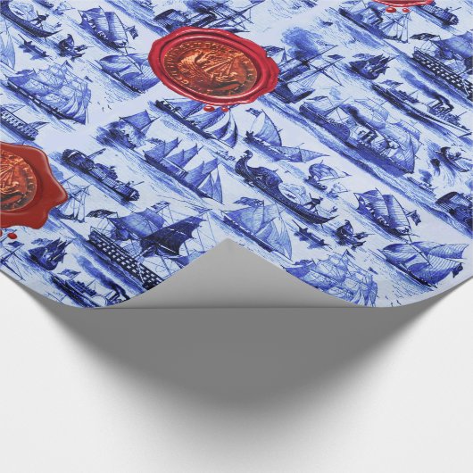 BLAUWE  SCHEPEN, ZUIVERENDE VAARTUIGEN Rood-Waszeg Cadeaupapier (Hoek)