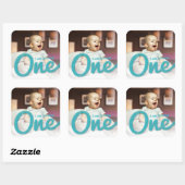 Blauwe schets één jongen foto 1e verjaardagsfeestj vierkante sticker (Vel)