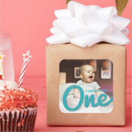 Blauwe schets één jongen foto 1e verjaardagsfeestj vierkante sticker