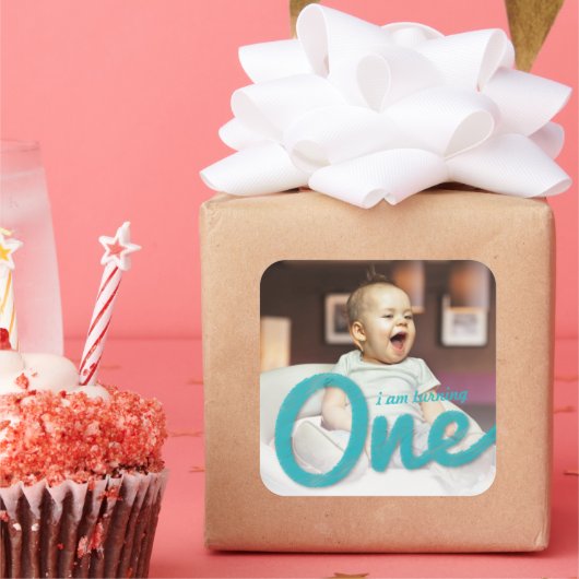 Blauwe schets één jongen foto 1e verjaardagsfeestj vierkante sticker (Feest)