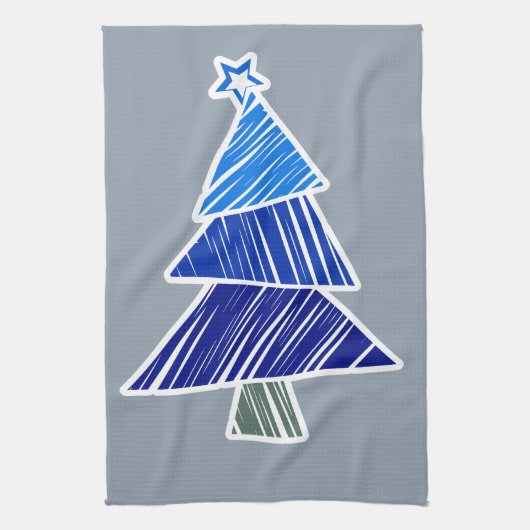 Blauwe schetsachtige kerstboom handdoek (Verticaal)